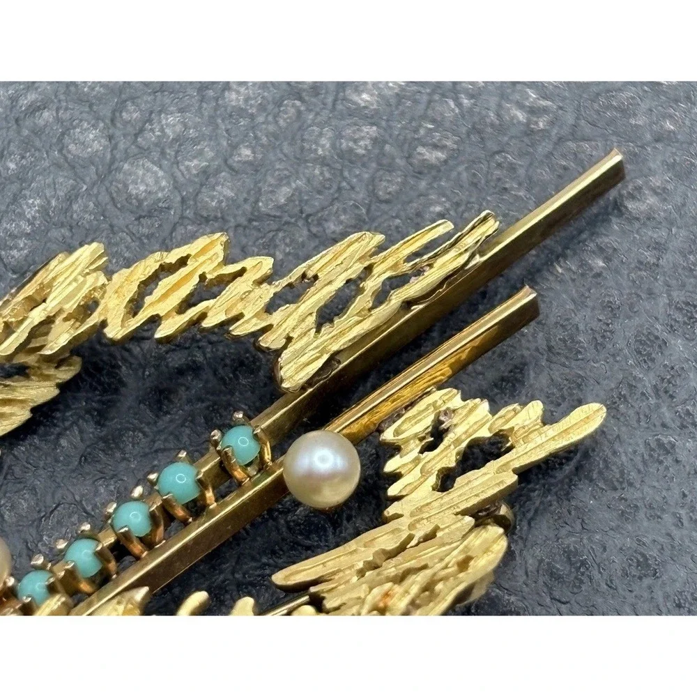 Vintage 18K Yellow Gold Abstract Modernist Style Pearl Blue Stone Brooch Pin